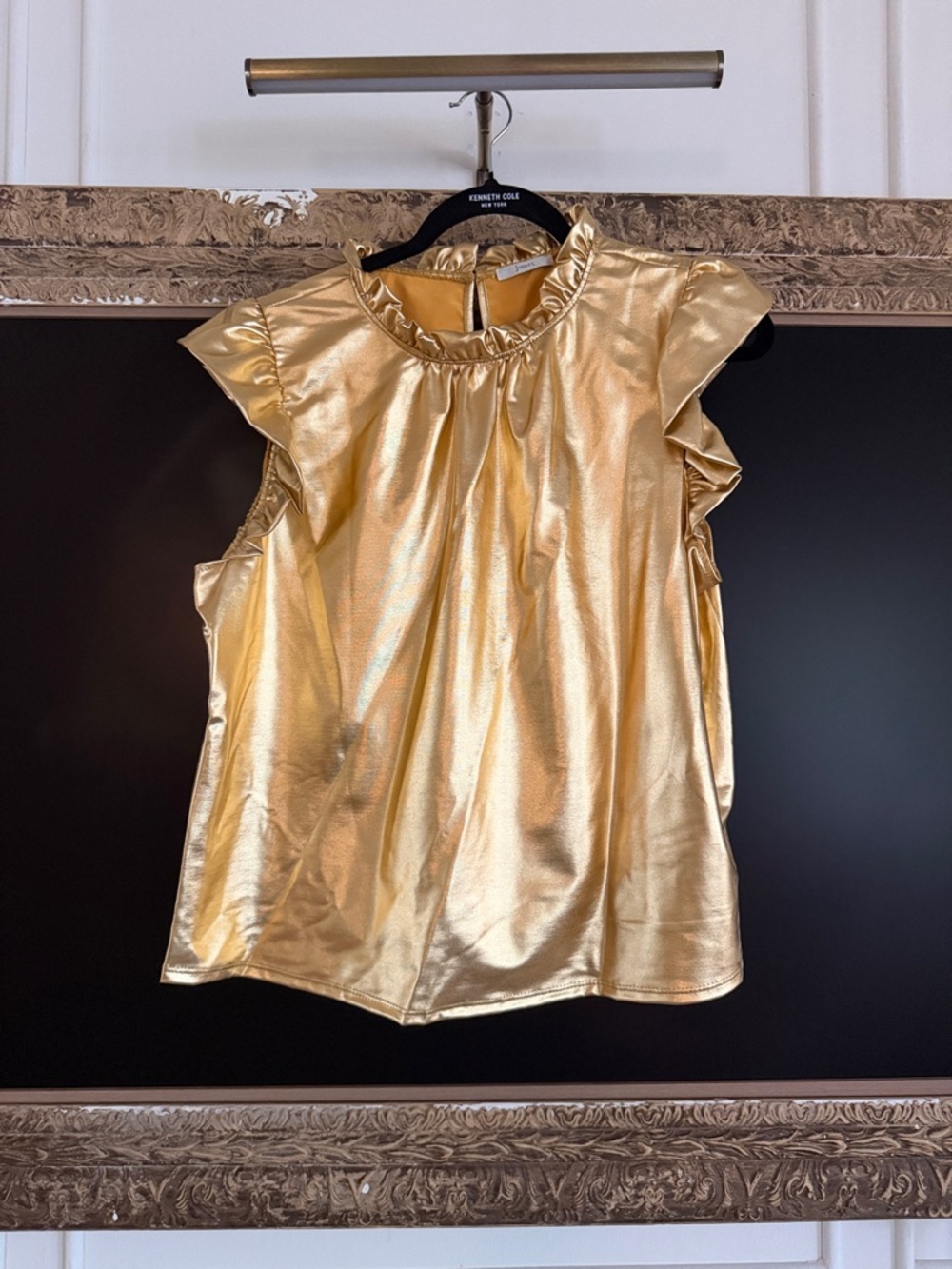 JODIFL Shimmering Gold Ruffle Neck Flutter Sleeve Top